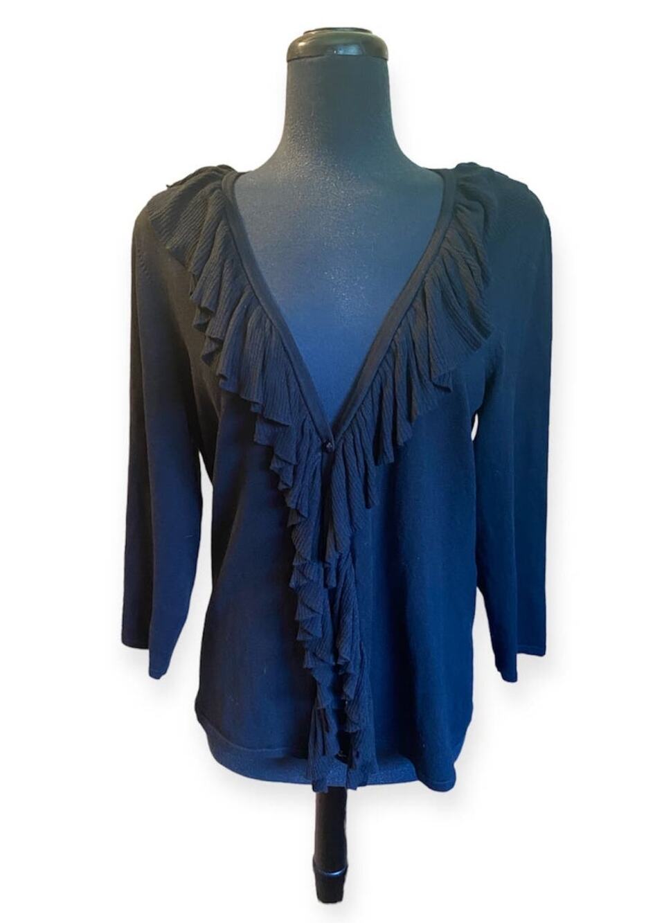 Alex Marie Black Knit Ruffle Collar 3/4 Sleeve Button Cardigan Size Large